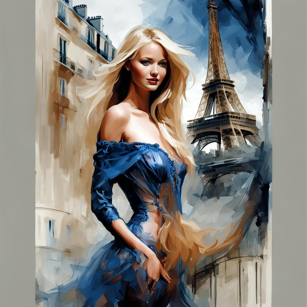 young blonde woman in paris, litle smile, in bleu