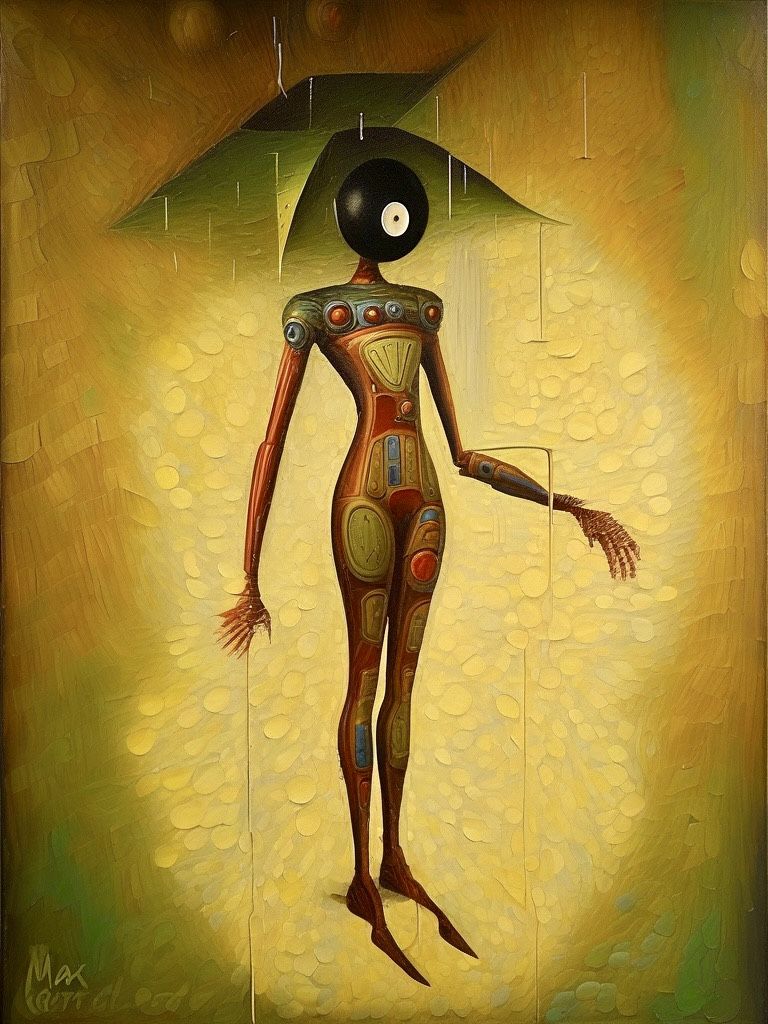 Omniscient (all knowing) Automaton in the style of Max Ernst