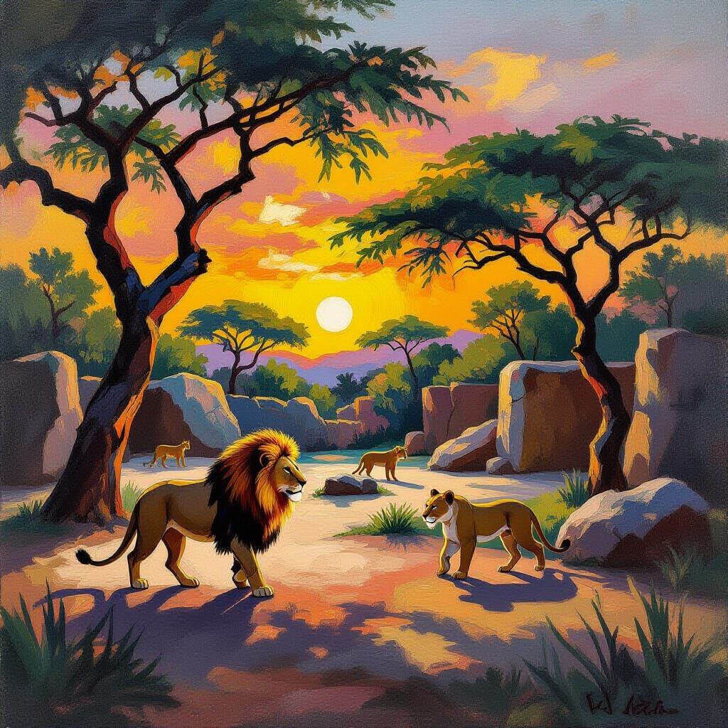 Lion Pacing in Zoo Enclosure at Dusk