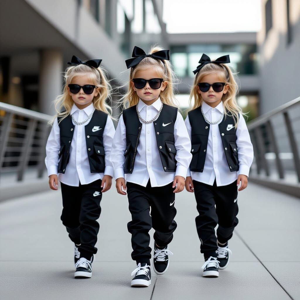 Triplets in Monochrome Streetwear, Editorial Style