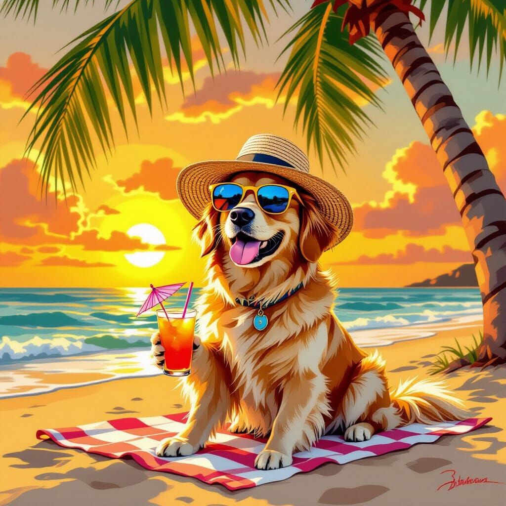 Golden Retriever Enjoys Beach Sunset with Cocktail