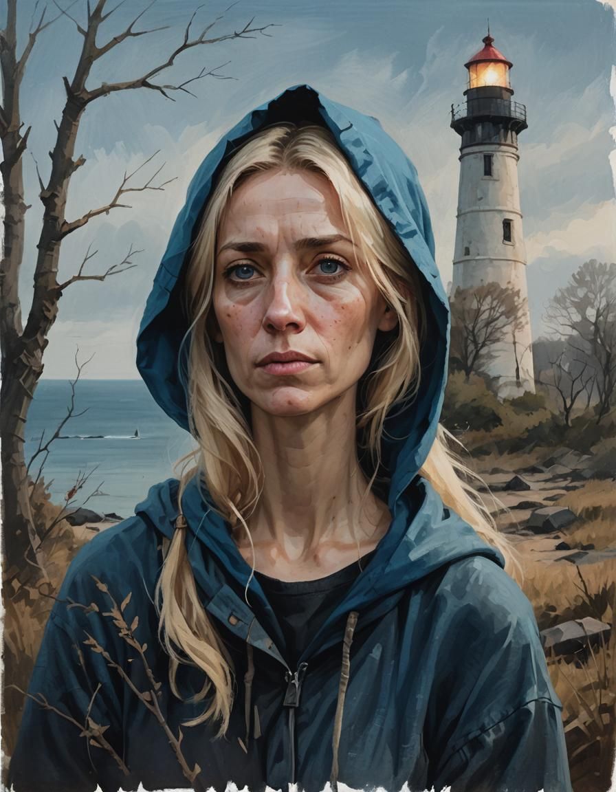 portrait, 35 years woman, slim, peasant, hopeless eyes, soft focus, worn out clothes, blonde hair,  blue hood, minimalist features, oil pain...