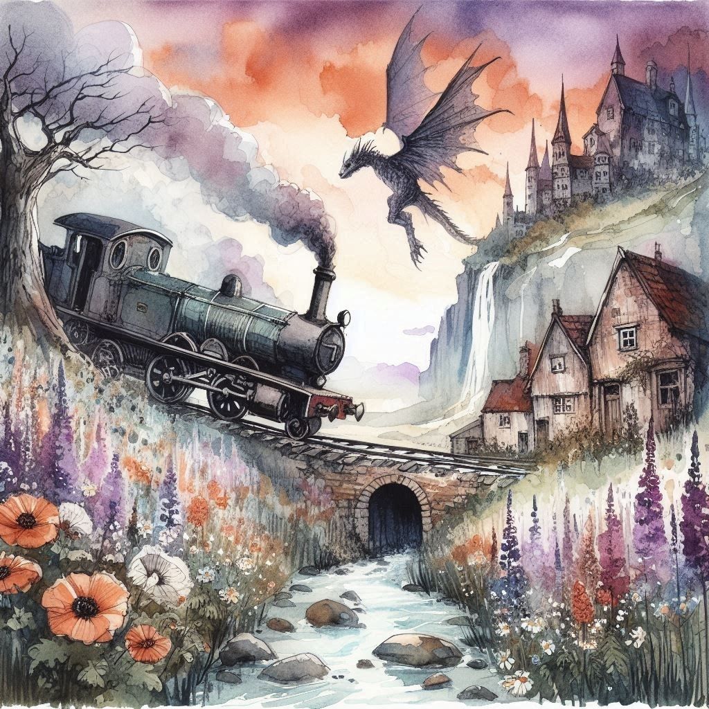 an old train on rickety tracks floating in the air