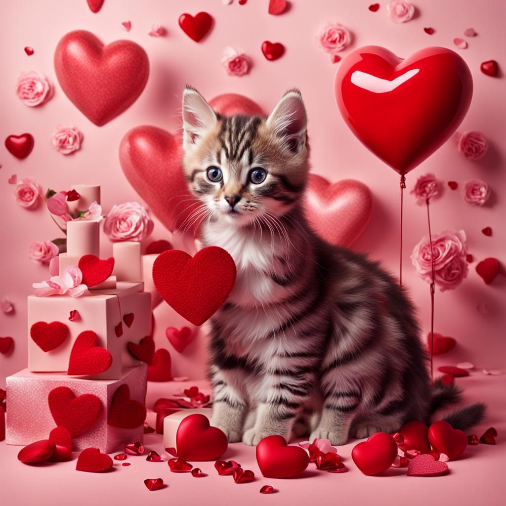 a kitten with a  red heart