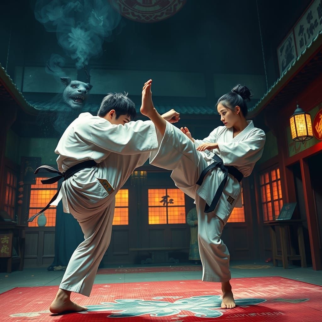 Two images . Kazuya and Christie kicking each other in a dojo   by @Vinny 