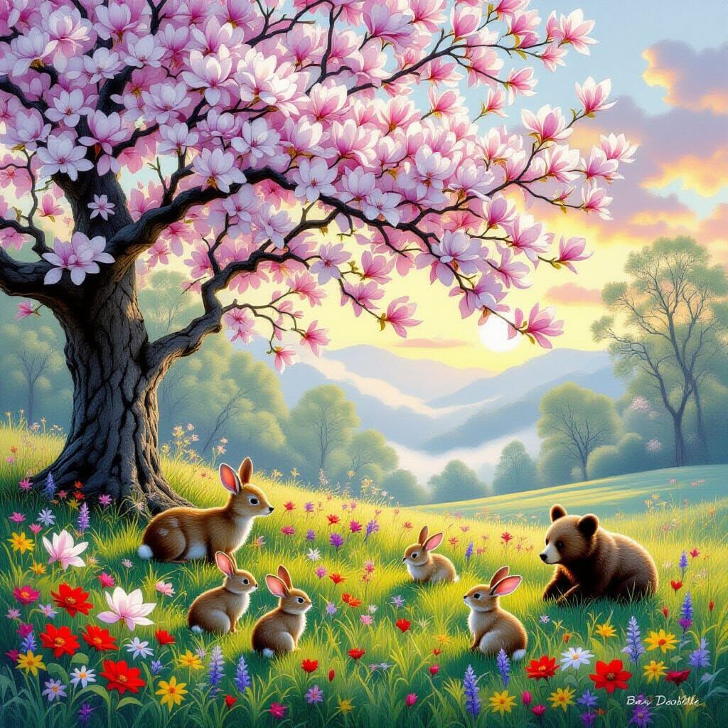 An enchanted, magnolia tree stands alone in a misty meadow at dawn. Its branches over-flowing with magnolia blossoms and at the base of the ...