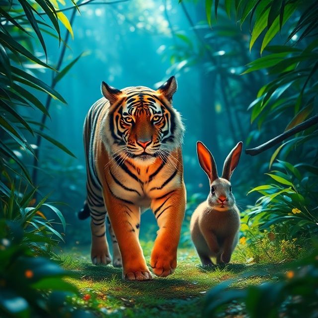 A SIBERIAN TIGER AND A RABBIT WALKING THROUGH THE JUNGLE.