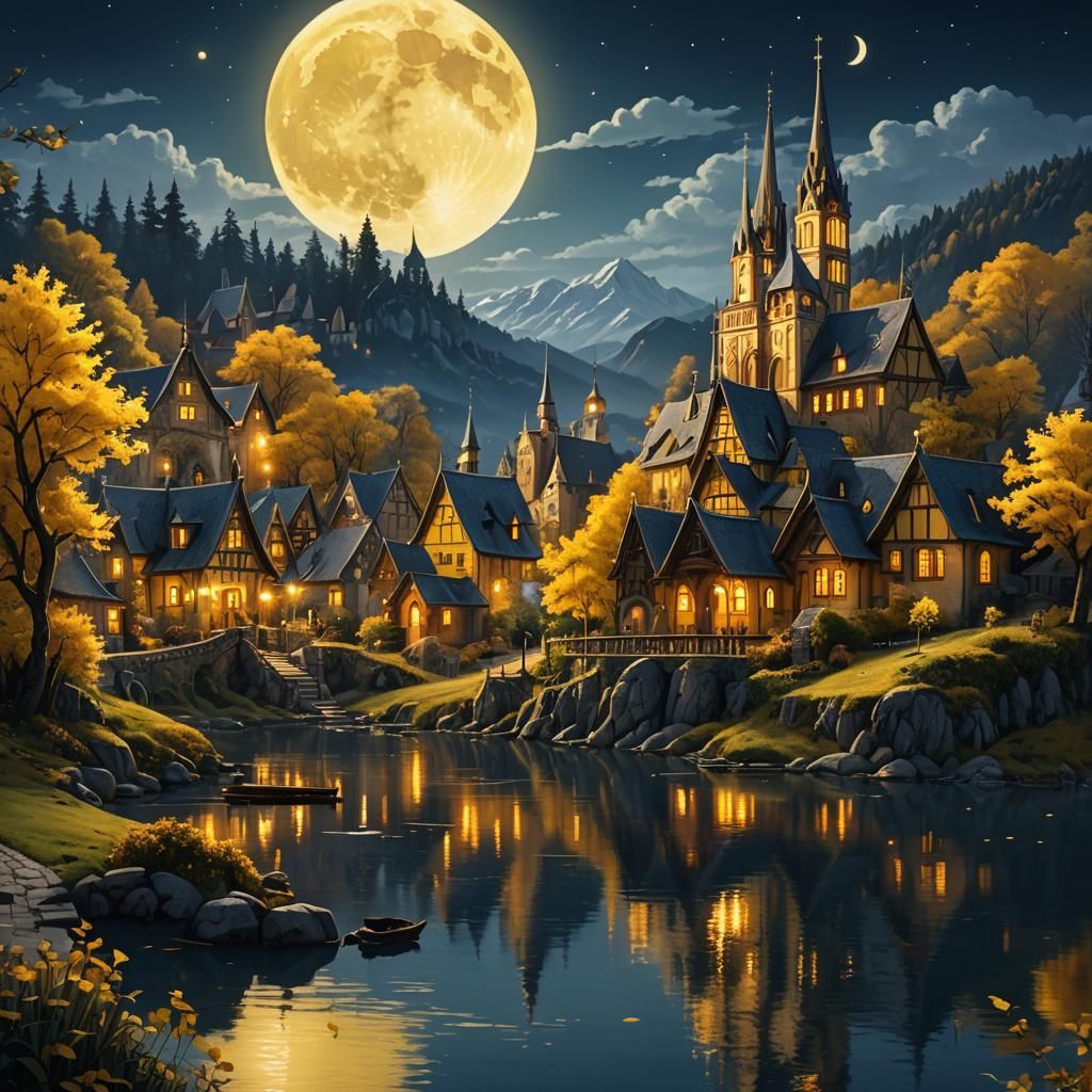 a serene night scene dominated by a full moon and a crescent moon in the upper right corner of the image. the moon is strikingly white, deco...