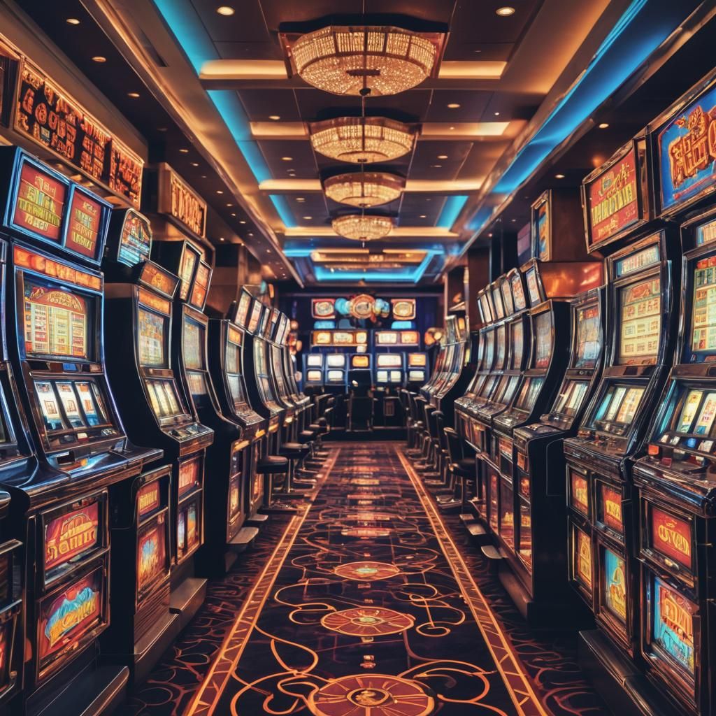 Casino floor with slot machines lined up. Super bright neon ...