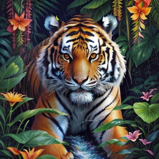 (Hyper detailed epic artwork of a tiger in its natural habitat, exotic ...