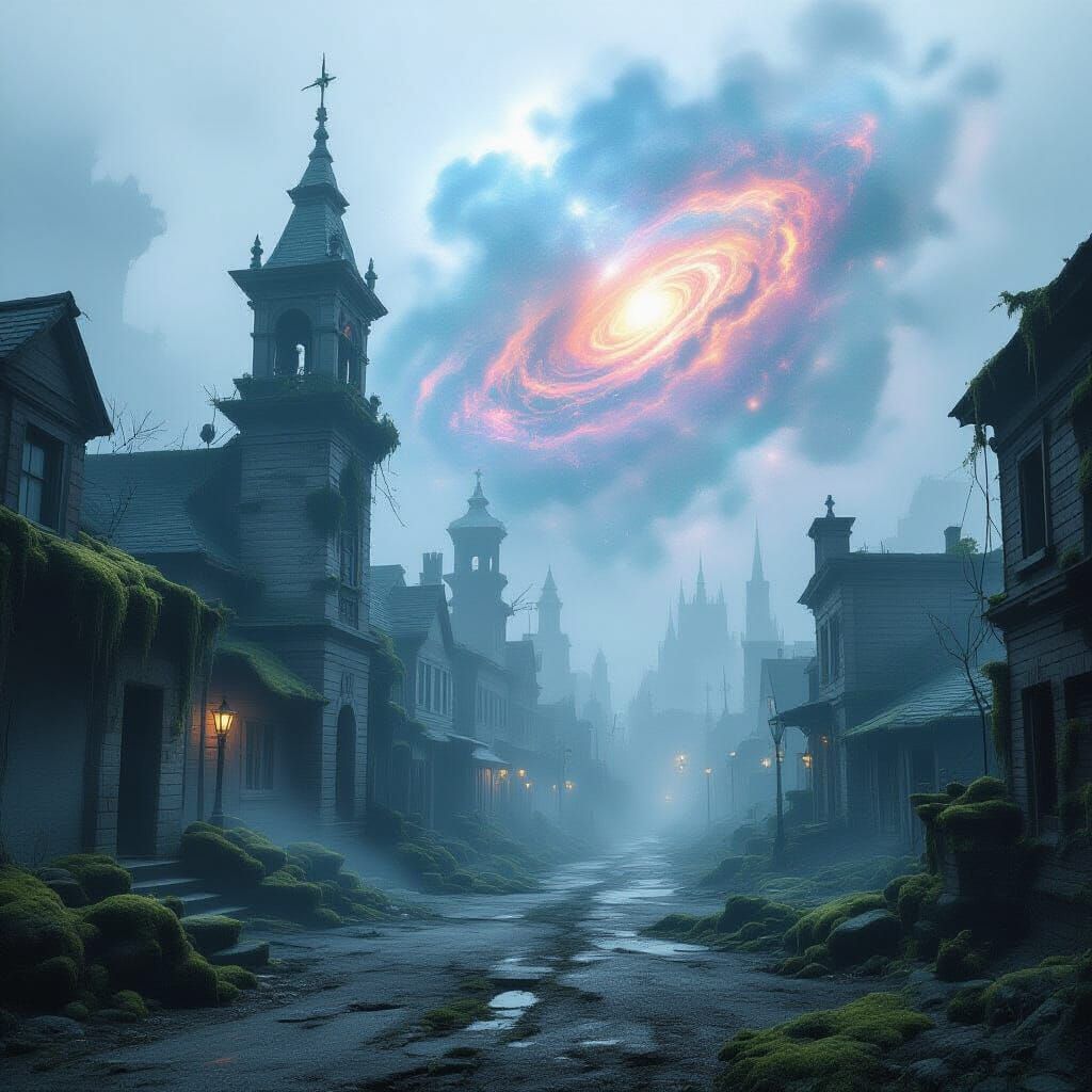 A desolate abandoned city lost to the rest of the world.  broken down building covered in moss empty  foggy streets  lost forever 