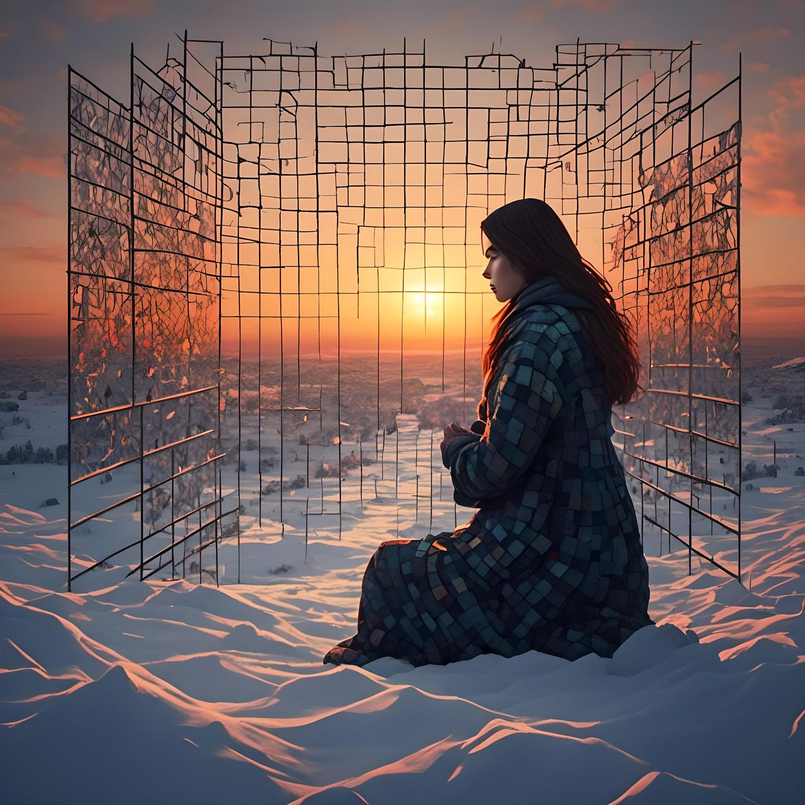 Woman's Winter Sunrise Prayer in Grid