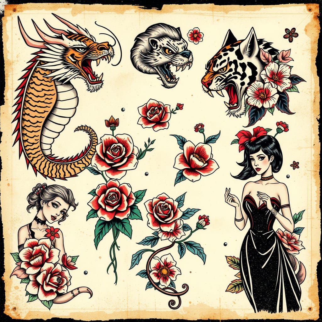 Tattoos: dragons, tigers, flowers, pin-up girls  by @JQKER