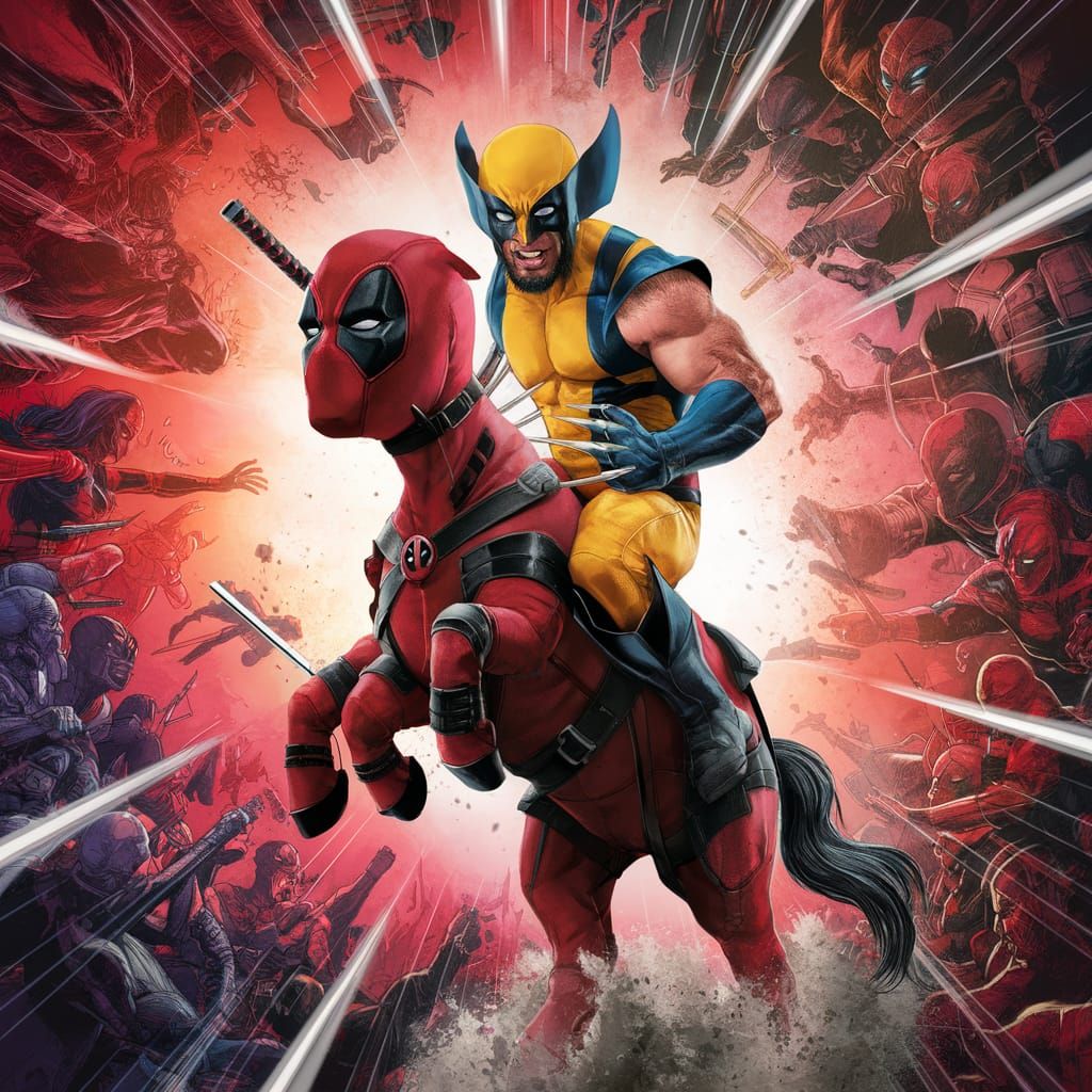 Wolverine wearing his yellow and blue costume riding a Unico...