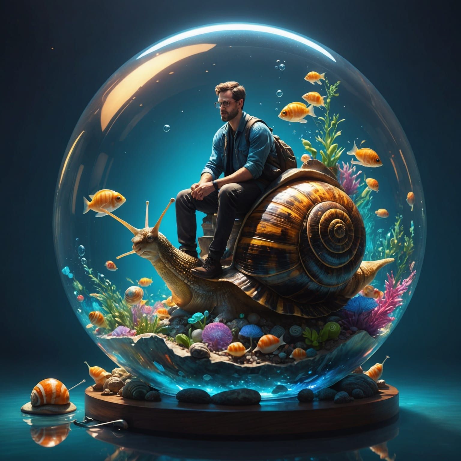 Hyper-realistic splash art. Mid shot. A man sits on an enormous snail with a transparent fish bowl shell ...  by @Kelli Benjamin