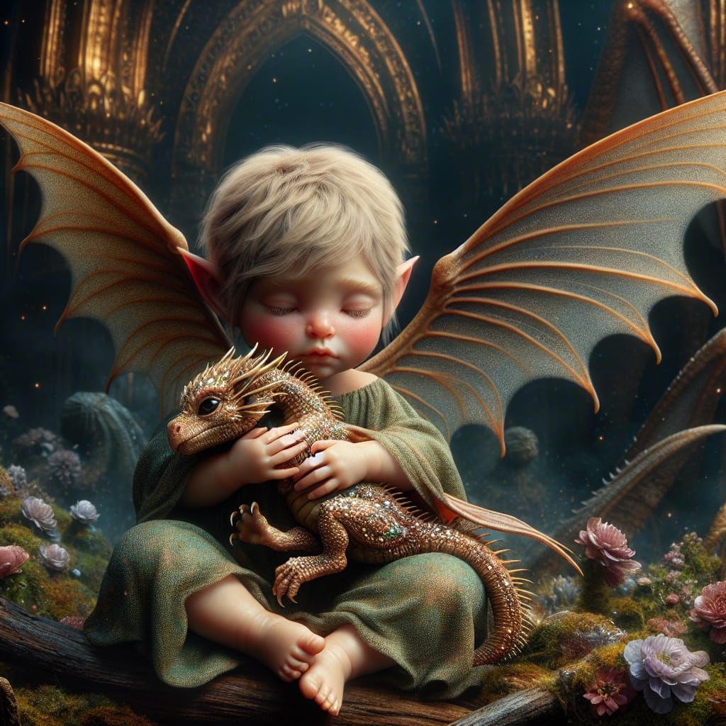 Little pixie hugging a baby dragon   by @Ash