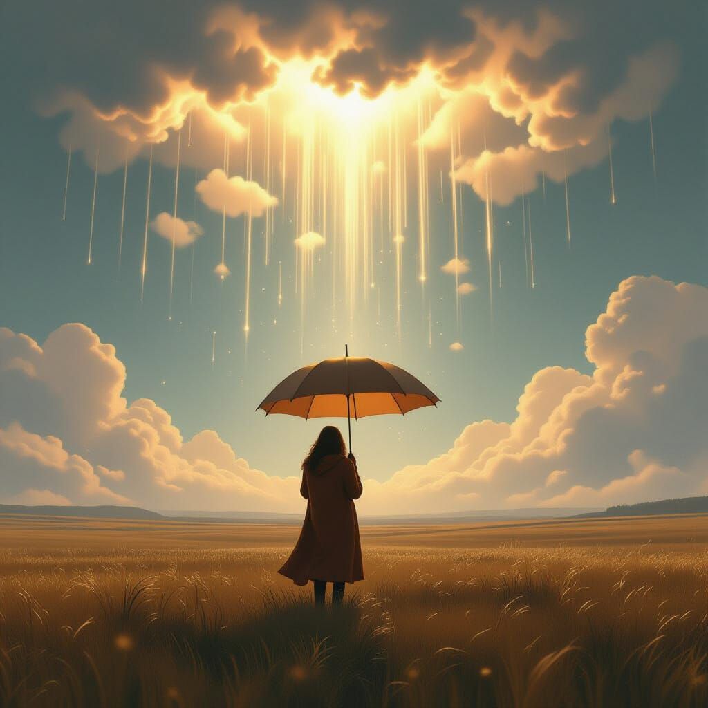 Surreal Figure with Cloud Umbrella in Dreamlike Landscape