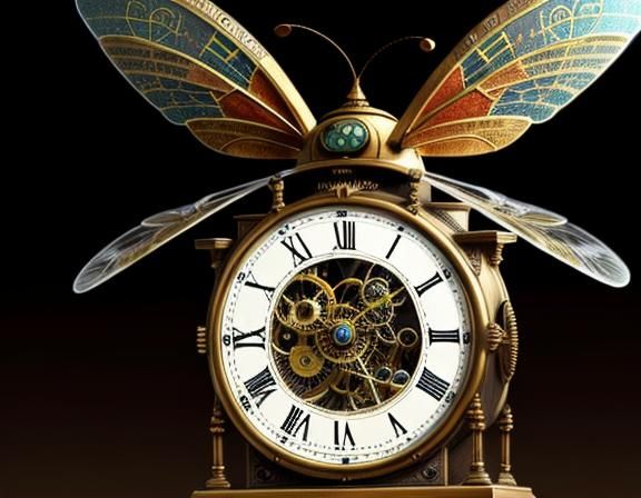 steampunk flies (insects) buzzing around a molten clock