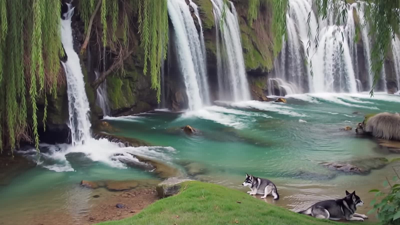 a cascading waterfall flowing down into a tranquil pool shaded by willow trees with a pair of wolves laying at the po...