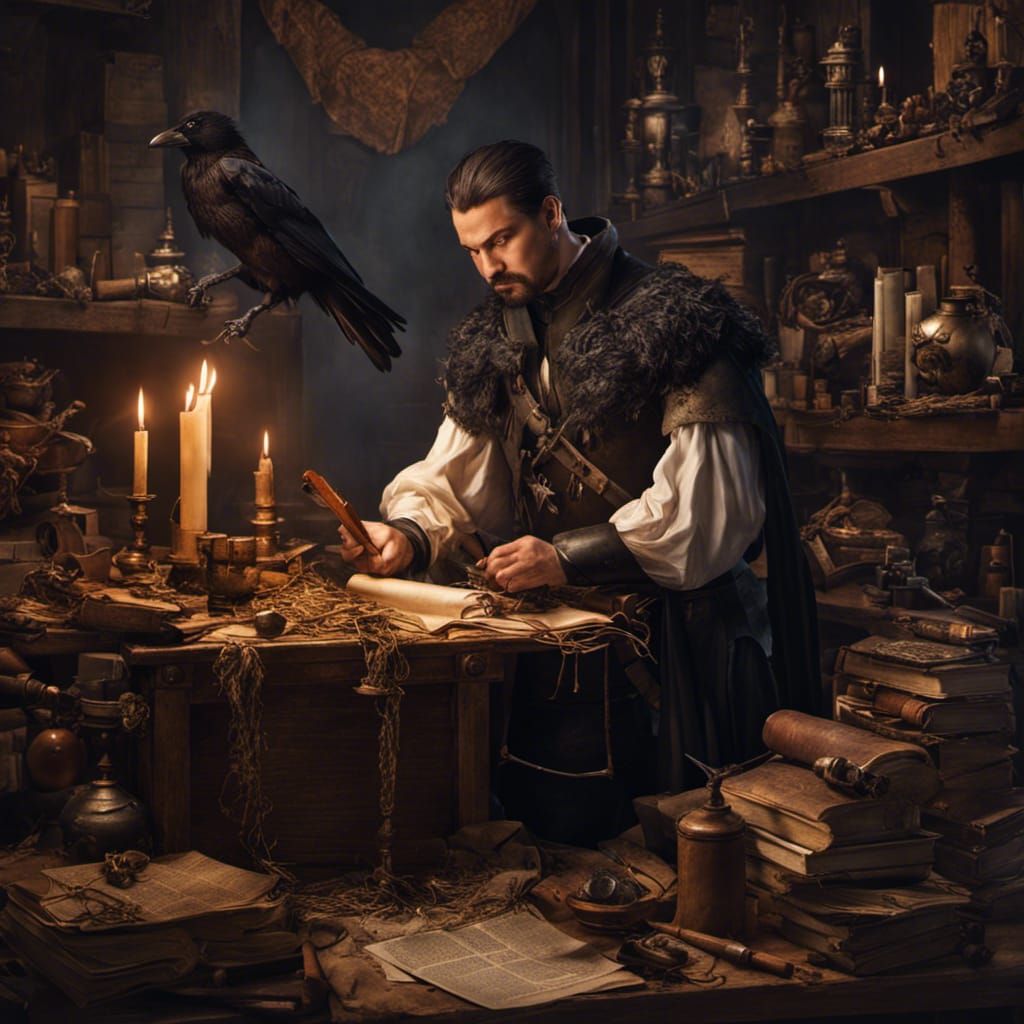 professional studio portrait; in cluttered medieval office, the ...