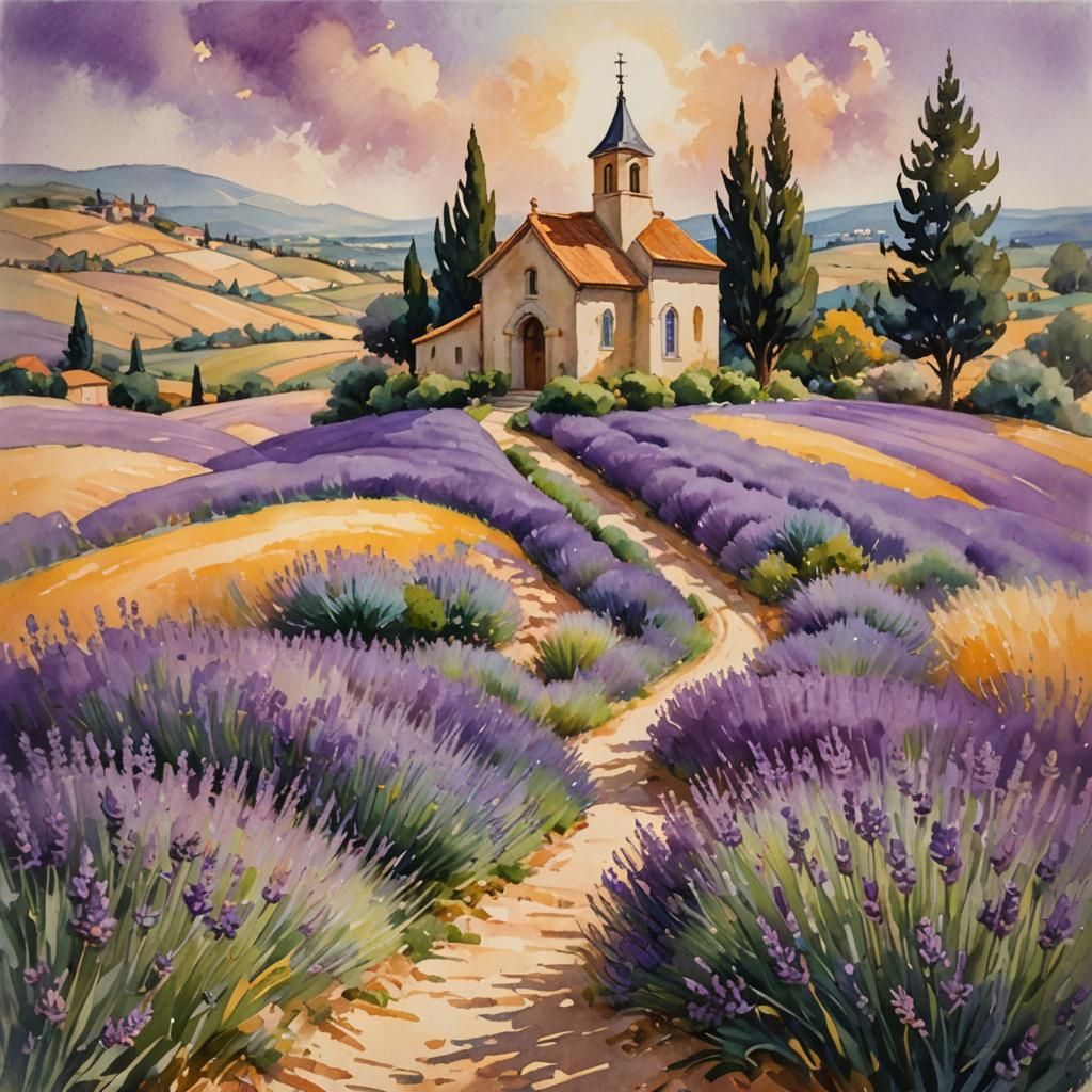 A lavender field leads to an old Provencal chapel