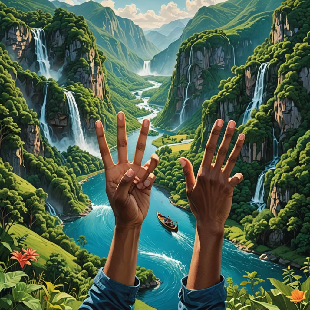 A  hand with three fingers raised, forming the shape of an r...