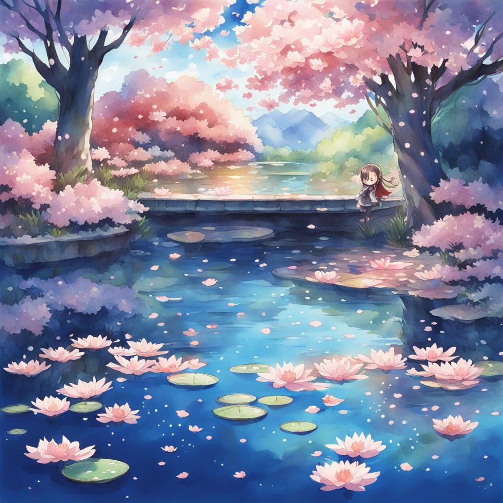 Watercolor Cherry Blossoms on Blue Pond