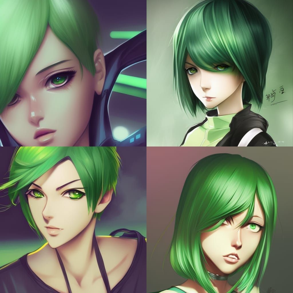 Attractive woman with green short straight hair, green eyes,...
