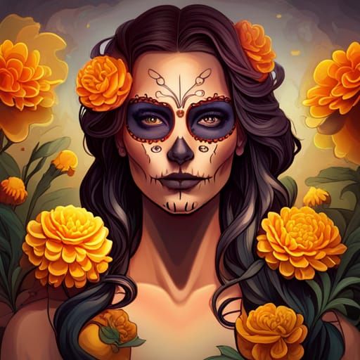 Dia del los meurtos. Day of the dead. Marigolds and sugarskulls. - AI ...