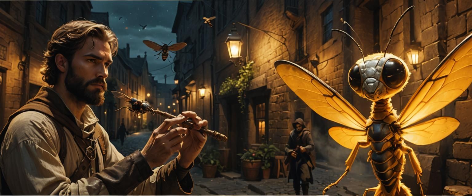 young bearded piper mage against giant humanoid wasp in a em...