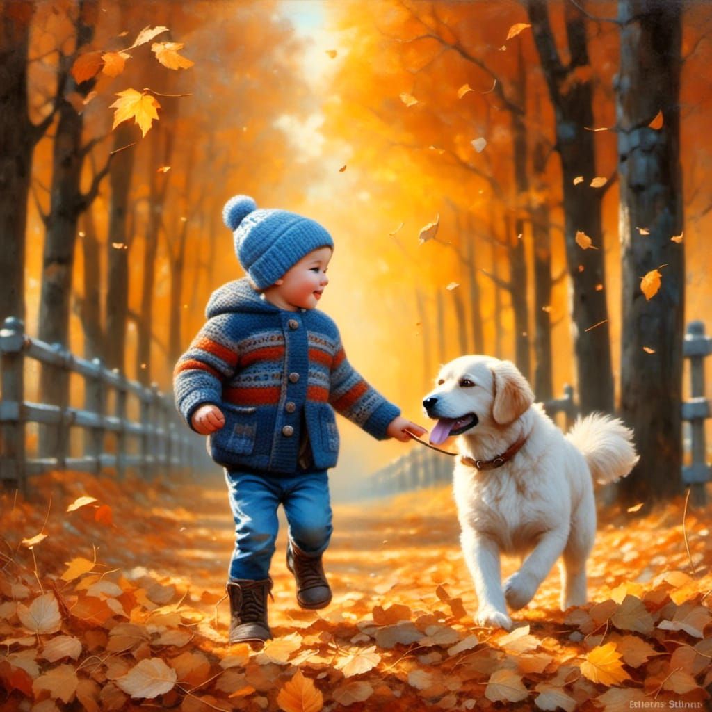 cute toddler boy and his dog frolic in the autumn leaves, by...