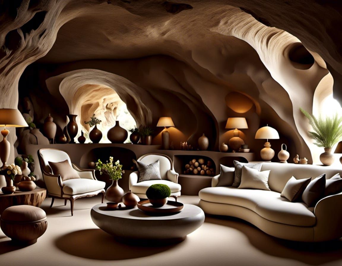<lora:CaveHome:1.0> idyllic, romanticized, mood, serene, magical, quiet, peaceful hopeful. cream-white, grey, ocher. living room carved in...