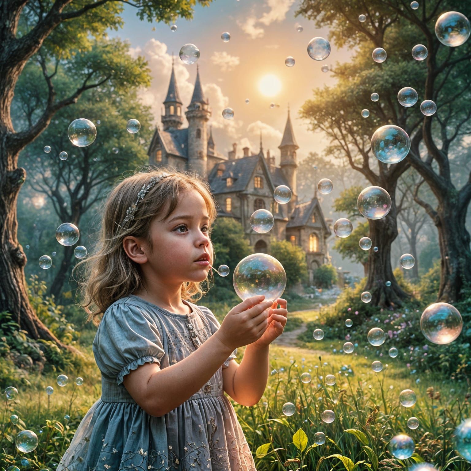 A child blows bubbles that each contain a miniature magical world—forests, castles, oceans—suspended ...  by @Myrsini Sougioultzi
