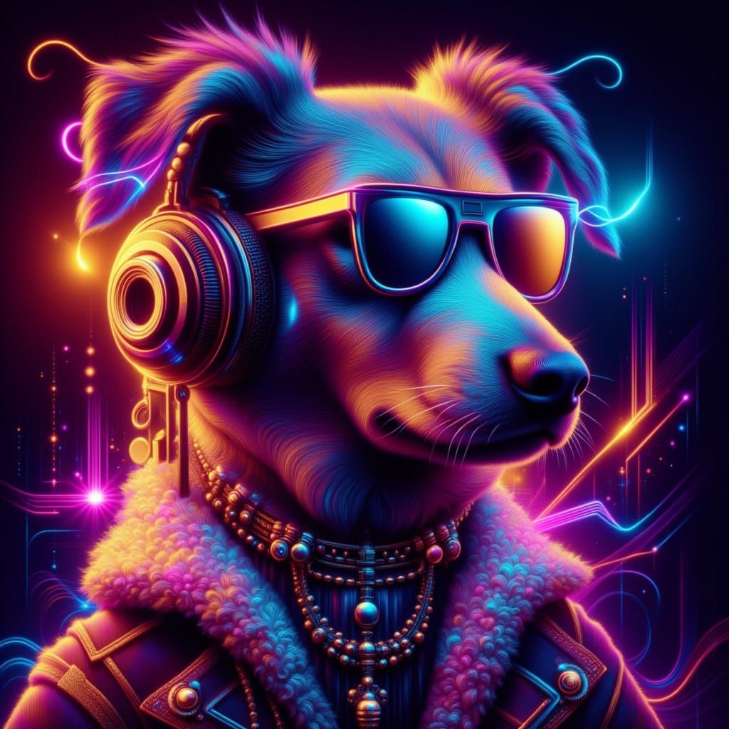 <lora:Baroquewave:1.0> dog wearing sunglasses and headphones in the style of Baroquewave, luminous lighting