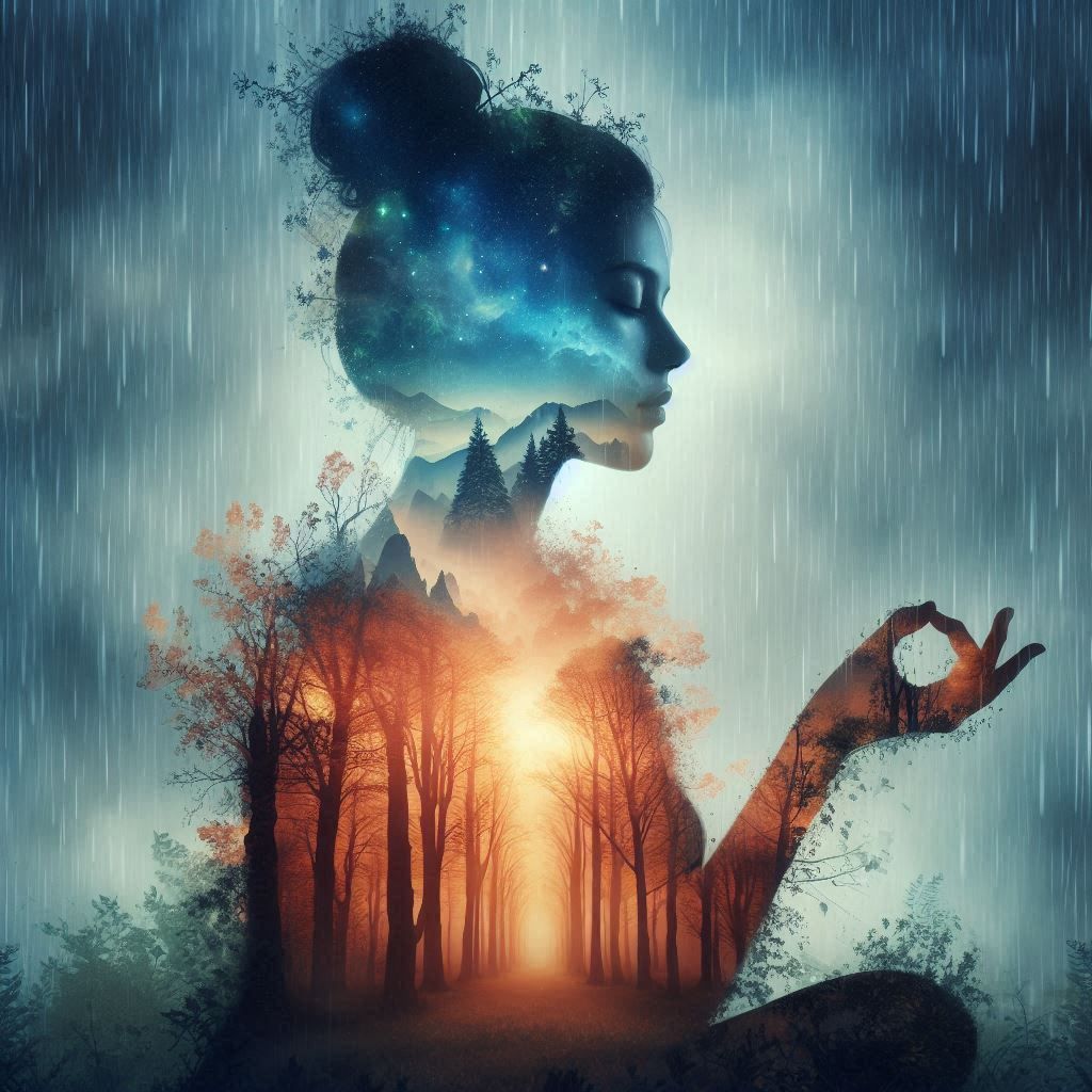 double exposure beautiful fantasy DALL-E 3 portrait landscape..