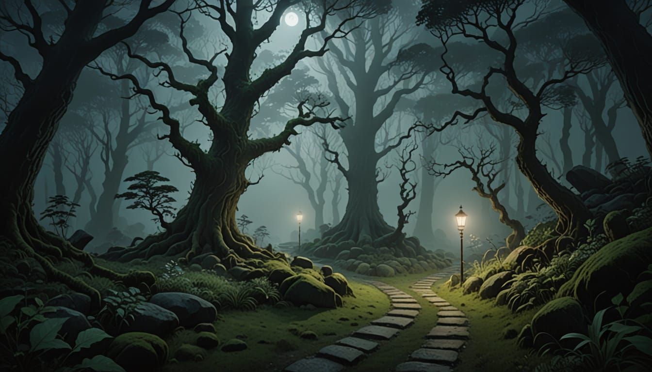 A winding, cobblestone path disappears into a dense, ancient forest shrouded in thick, swirling fog. ...  by @Ankh