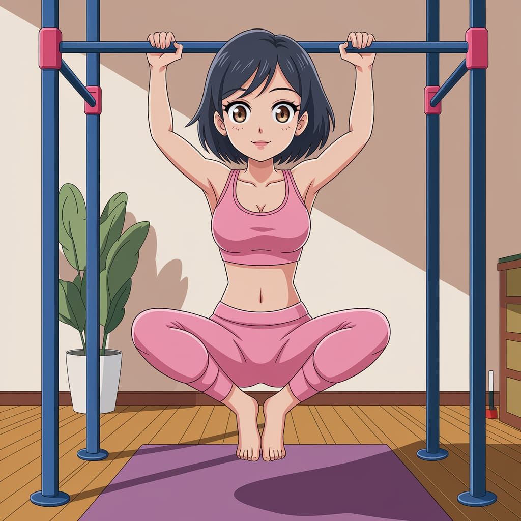 Anime Woman Doing Pull-Up in Sakura Yoga Outfit