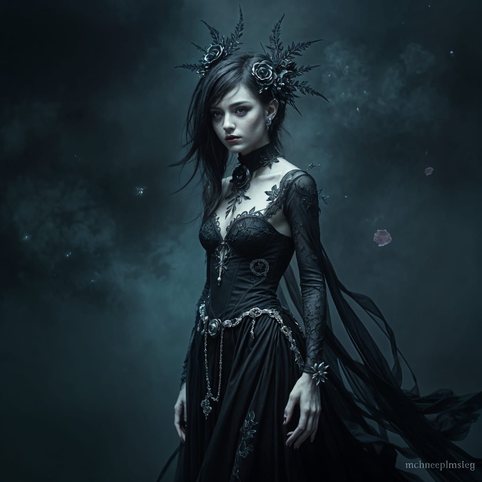 Gothic Cyberpunk Goddess with Floral and Mechanical Accents