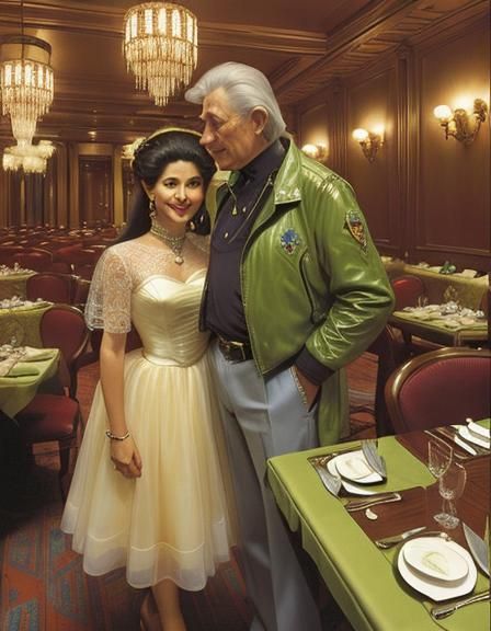 Two aliens on a date in a fancy restaurant.
