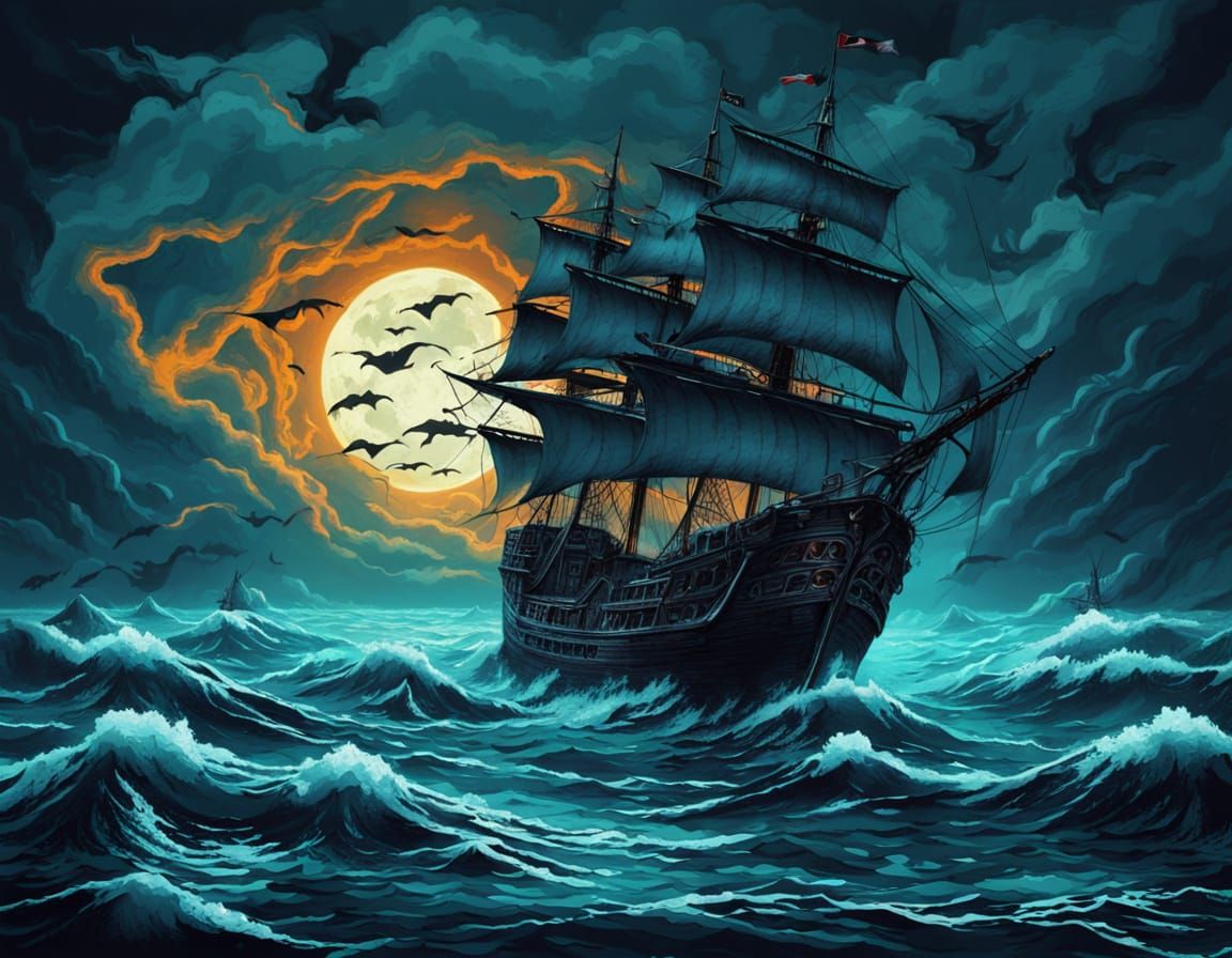 A ghostly pirate ship sails through stormy night waters. Close up. Gothic art style. Eerie neon blue ...  by @barnaby leroy