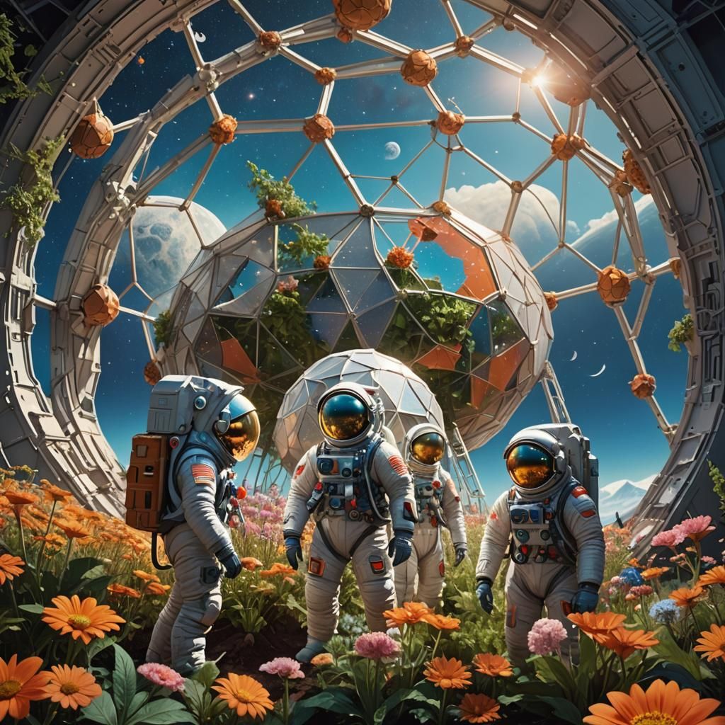 Three men in spacesuits tending to grow the flowers in a geo...