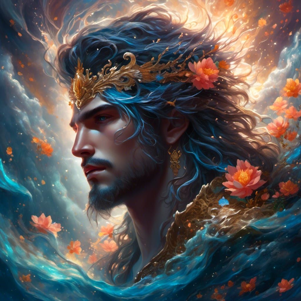 (a head and shoulders portrait of a slim graceful water male king:2) (waterlike glowing hair:1.5) (sharp details:1.2)<lora:Colourful Dichoto...
