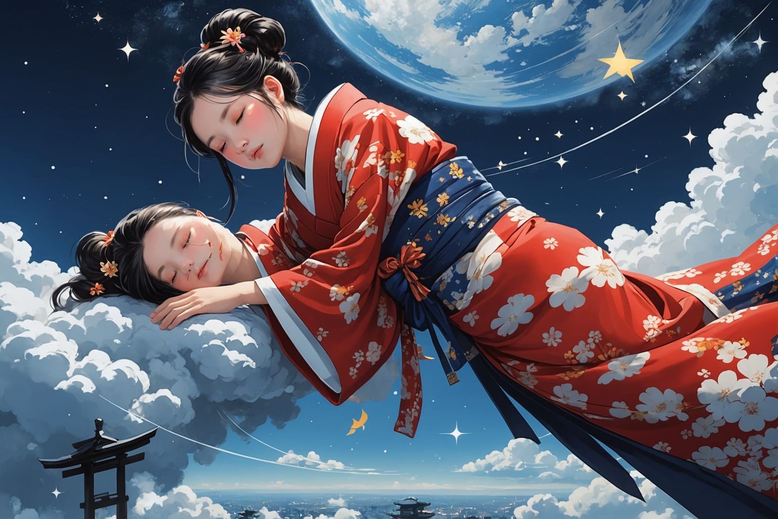 Kimono Girl Asleep on Sky Cloud in Manga Style
