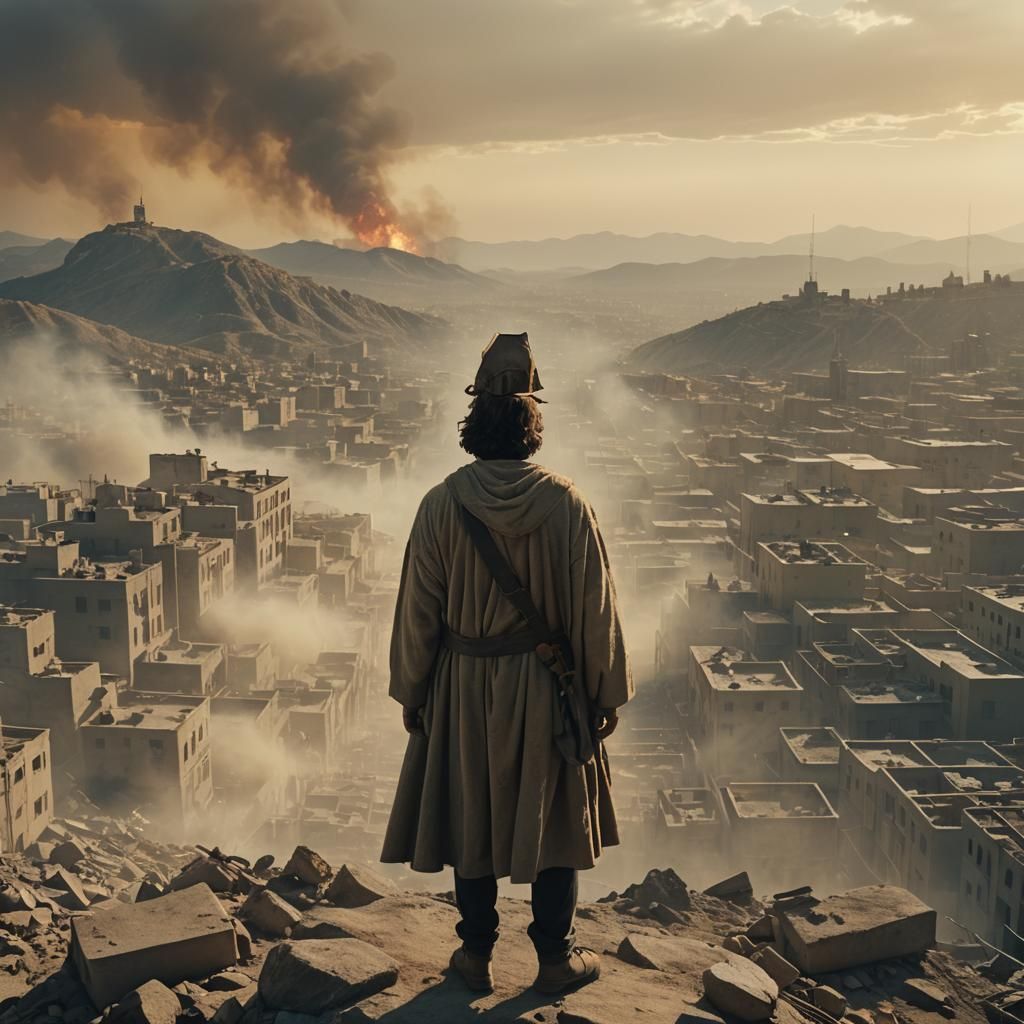 Messiah Overlooking War-Torn City: Cinematic Still