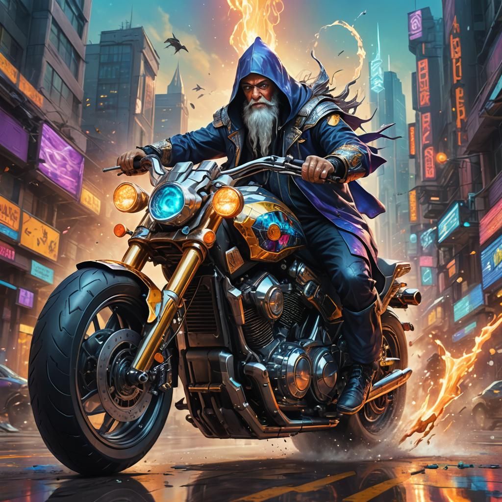 A wizard riding a futuristic motorcycle.