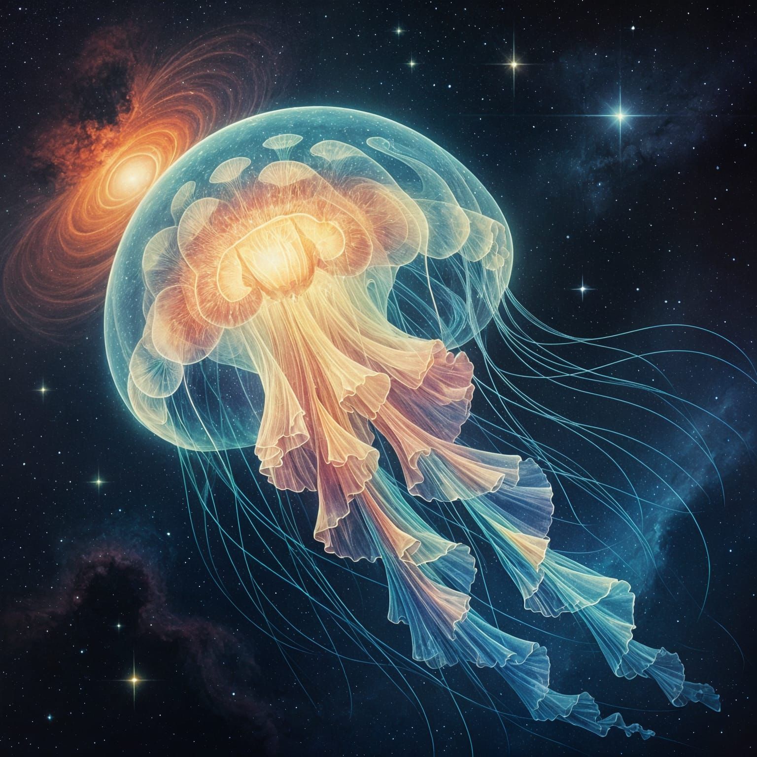 A majestic, bioluminescent jellyfish drifts through a cosmic ocean filled with nebulae and distant stars. Its tendrils trail like ethereal r...