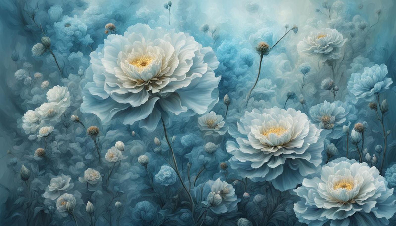 abstract art flowers fading away, pale blue AI Generated Artwork