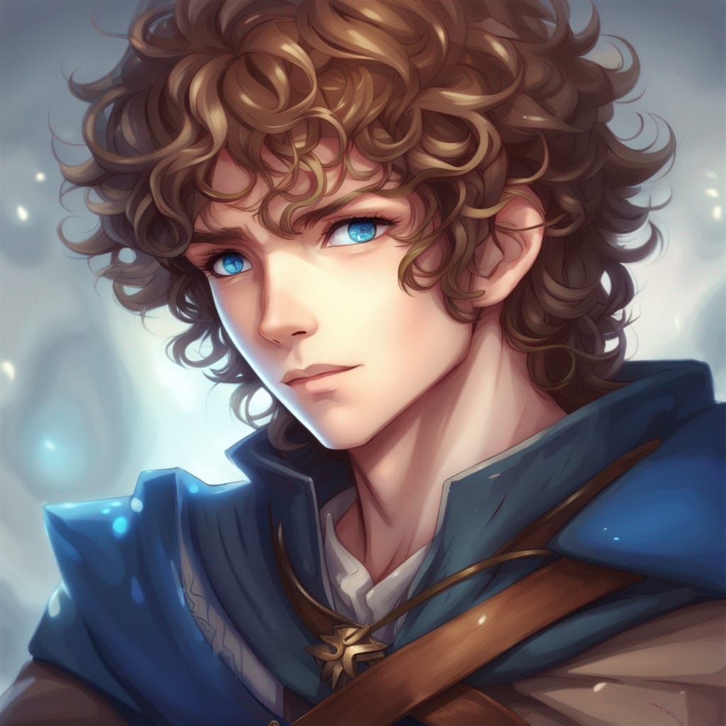 anime, fantasy medieval, boy, curly, chestnut brown hair, blue