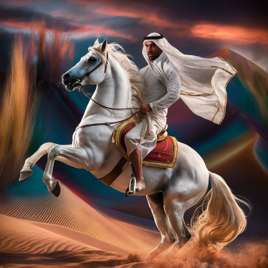 Veil homme arabe avec une belle jument blanche 