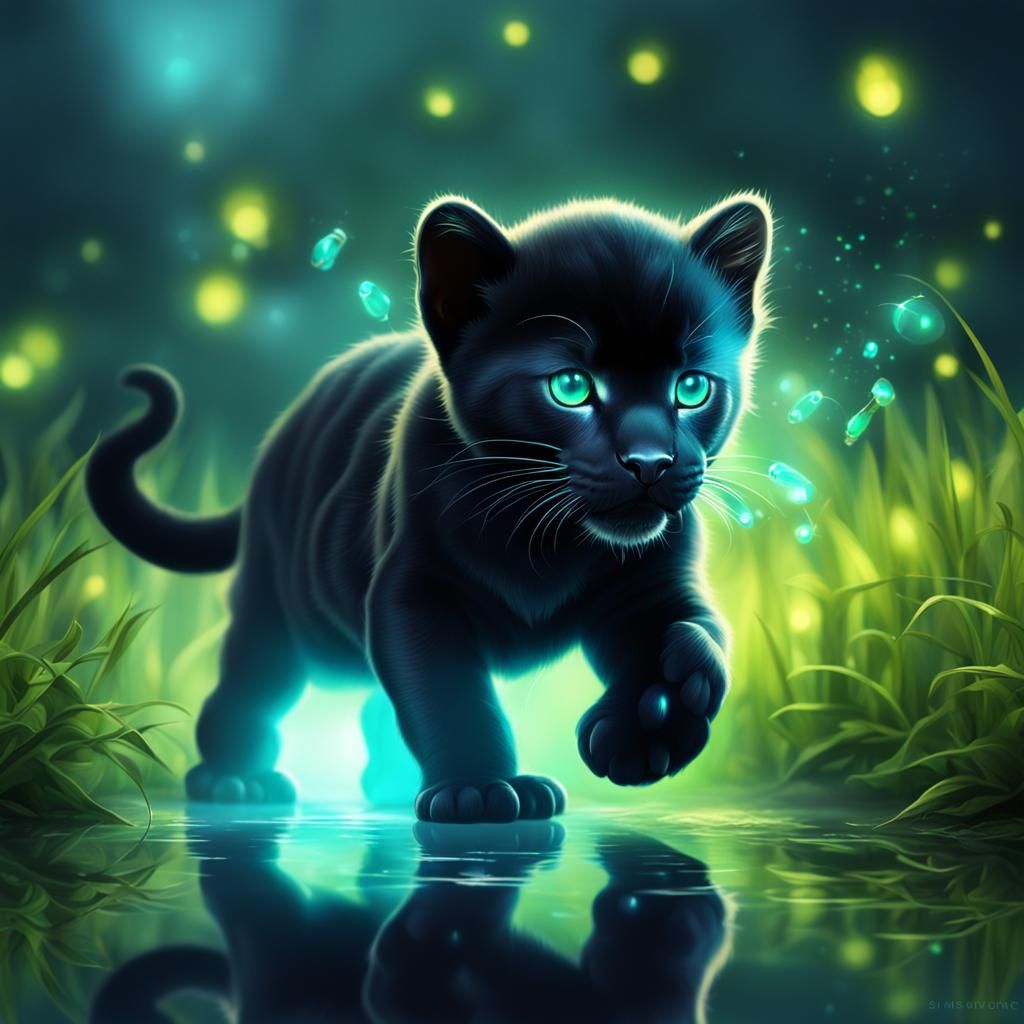 A black panther kitten, blue-green glowing fireflies, reflection in eyes, arcs of light and shadow, smoke, ...  by @Drip